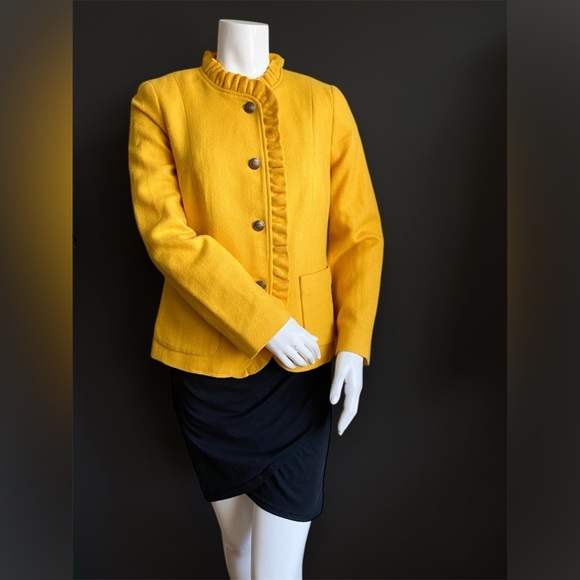 Talbots Yellow Wool Blazer Jacket Ruffle Career Vibrant Preppy Retro Modest 10 - Picture 2 of 12